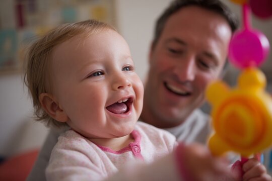 A joyful baby laughs while playing with a colorful toy, sitting in a comfortable living room. A smiling father interacts closely, creating a warm connection in their shared space