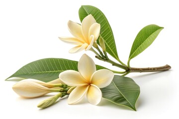 Fototapeta premium Fragrant Plumeria Flowers With Green Leaves on a White Background Display Beauty