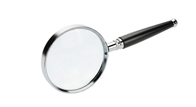 A classic magnifying glass with a black handle, isolated on transparent background