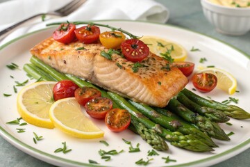 Delicious Salmon Fillet Served With Fresh Asparagus and Cherry Tomatoes