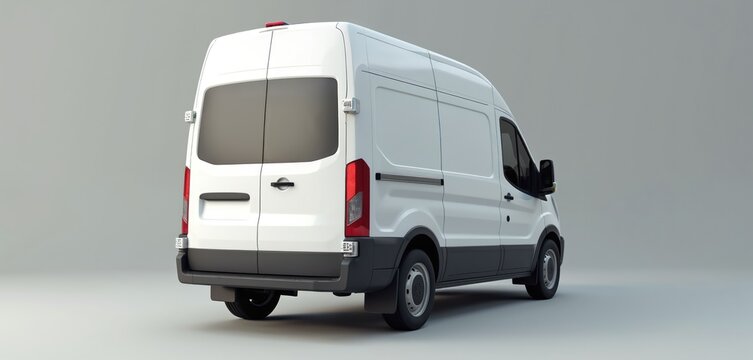 Rear view of modern white cargo van isolated against neutral background. Transportation vehicle features clean design logistics functionality. Commercial delivery truck for business use, advertising.