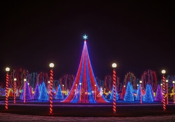 Vibrant christmas tree light display at night