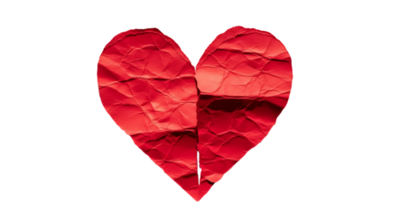 A red heart shape made of crumpled paper, isolated on transparent background