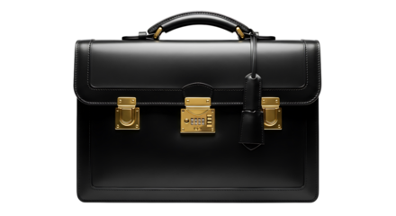 Black leather briefcase with gold hardware and tassel, isolated on transparent background
