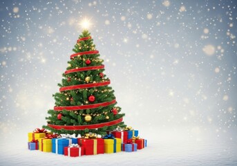 Festively decorated christmas tree surrounded by colorful presents under falling snow