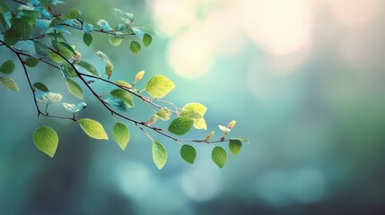 young branch with fresh green leaves soft pastel sky morning sunlight dreamy natural bokeh highresolution photography