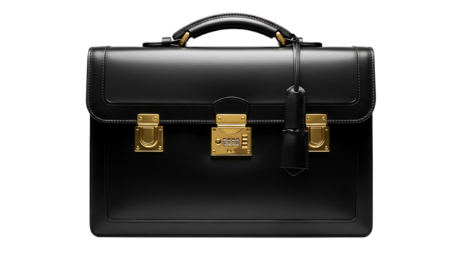 Black leather briefcase with gold hardware and tassel, isolated on transparent background