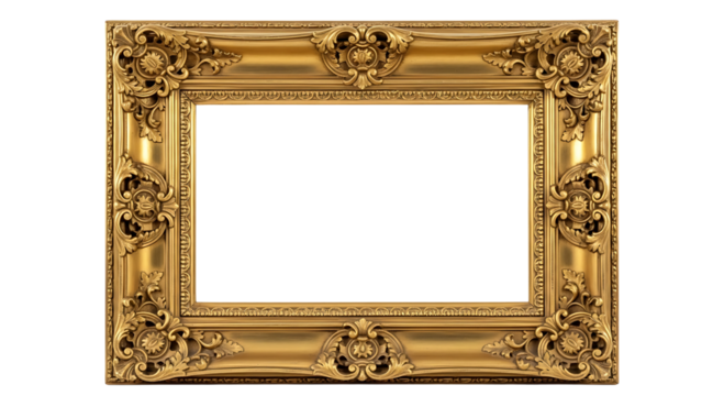 Ornate gold picture frame isolated on transparent background