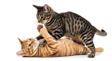Two playful young Bengal and ginger tabby cats wrestling and having fun together on a white background