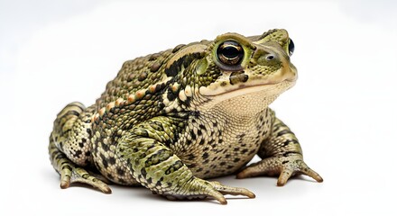 A detailed portrait of a common green toad with warty skin and spots isolated on a white background