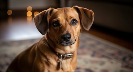 Charming portrait of a sweet brown dachshund mix dog relaxing on a patterned carpet in a warm home setting