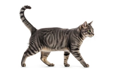 Graceful grey tabby cat walking across a clean white background, showcasing its striped fur and elegant posture