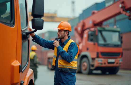 Foreman communicates using walkie talkie near truck. Worker controls container shipment, talks radio at warehouse. Inspector oversees port logistics, holds transceiver orders staff at cargo zone.
