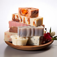 Artisan handmade soap bars stacked on a wooden dish with flower