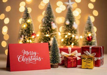 Festive christmas scene with miniature trees and gifts