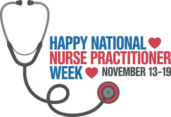 Happy National Nurse Practitioner Week Celebration Graphic with Stethoscope and Heart Icons for Dedicated Healthcare Awareness