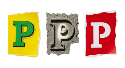 Three letters p in different textures and colors isolated on transparent background