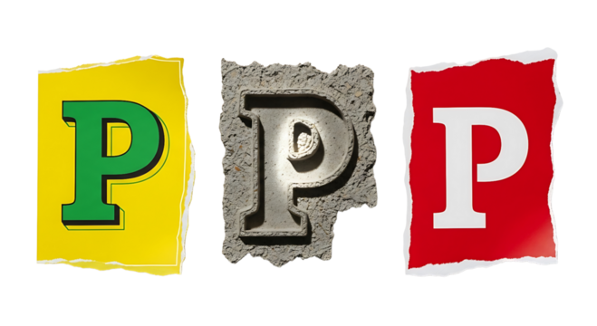 Three letters p in different textures and colors isolated on transparent background