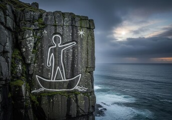 Giant figure in boat carved into coastal cliffside