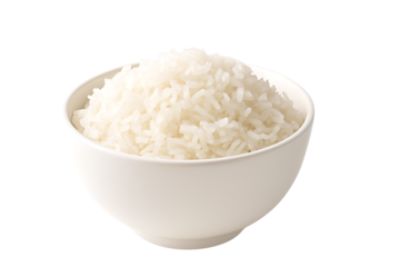 Cooked rice in a smooth white bowl  isolated. Png transparency