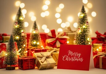 Festive christmas scene with miniature trees and gifts