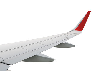 View of a commercial airplane wing with a red winglet from a window. Isolated on transparent background, png