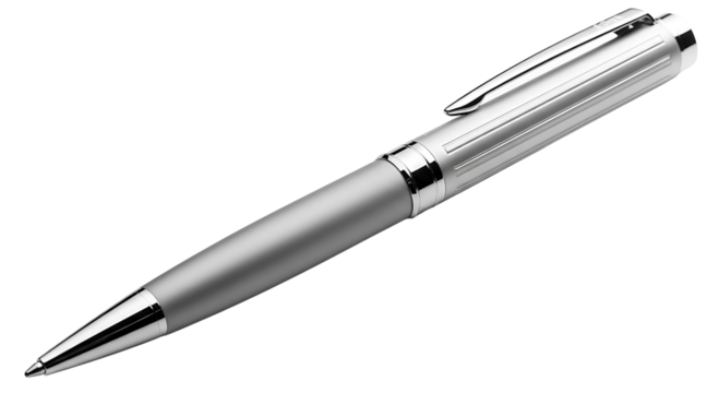 A sleek, silver ballpoint pen with a metallic finish, isolated on transparent background