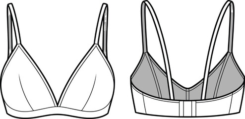 Women’s bralette front and back view, lingerie fashion design, minimal underwear style, vector flat illustration