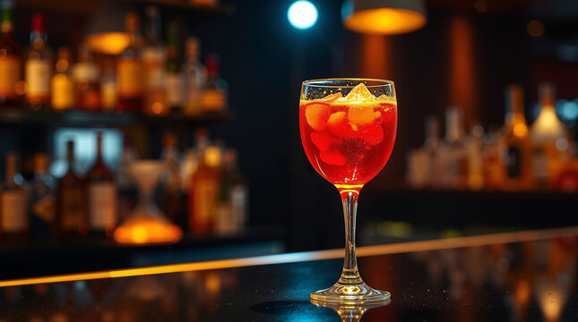 Cocktail glass with ice and orange slices on bar counter in lounge  