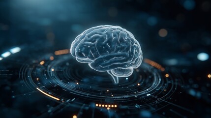 Digital brain model showcasing neural connections in a futuristic environment with glowing circuits and data streams