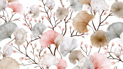 Beautiful floral pattern featuring ginkgo leaves and delicate blossoms on a light background