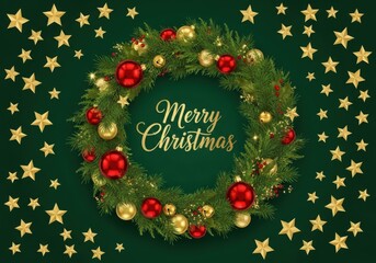 Festive christmas wreath with golden stars and red ornaments