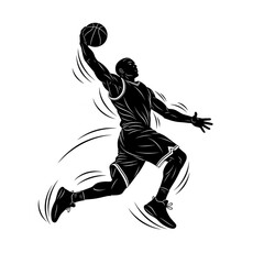 Dynamic vector silhouette of athletic basketball player performing slam dunk on white background, illustration for sports design, athletic themes, and promotional material.
