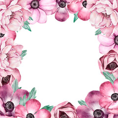 Watercolor floral frame with pink peonies and anemones arranged in a square border. Elegant hand painted illustration perfect for wedding invitations, greeting cards, posters, or packaging design.