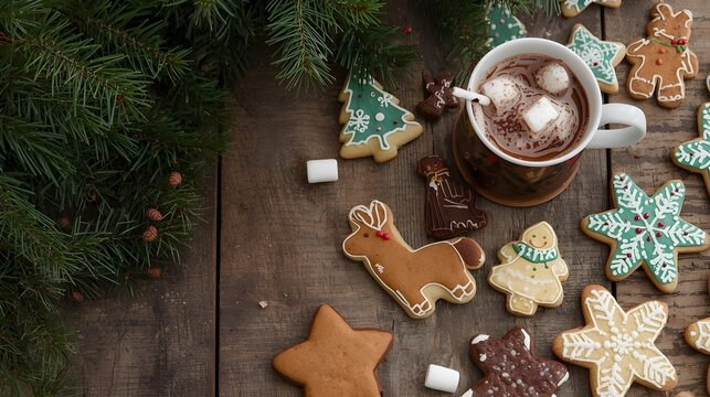 Holiday décor, hot chocolate, and festive Christmas cookies