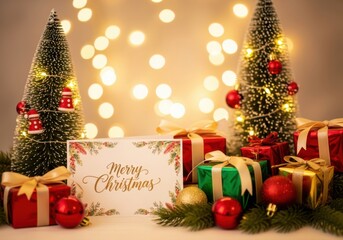 Festive christmas scene with gifts and twinkling lights