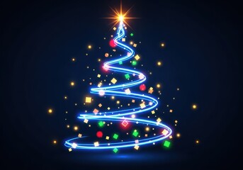 Sparkling neon christmas tree with colorful lights on dark background