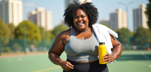 Smiling plus size african woman holds yellow bottle and towel after running in city park. She wears activewear, enjoys fitness and healthy lifestyle. Diverse body types embrace exercise and wellness.