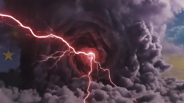 nuclear explosion and lightning in clouds separated by eu and ukraine flags, dramatic conflict