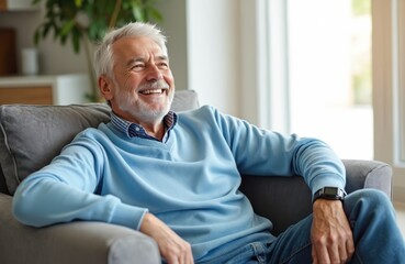 Mature man with grey hair and beard in blue sweater lounges on sofa. Happy senior relaxes at home. Man enjoys leisure time on couch in casual attire with fitness tracker watch on wrist.