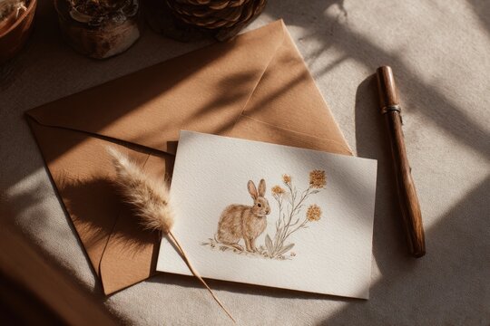 Rustic Easter Card with Bunny Illustration and Dried Flowers in Sunlit Scene
