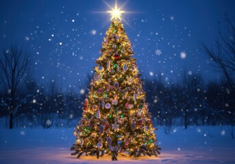 Illuminated christmas tree shines brightly in a snowy evening