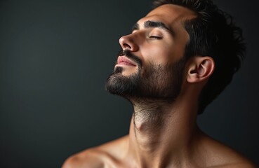 Obraz premium Young man with beard, eyes closed, tilts head back. Feels moment of pure relaxation, well-being. Person enjoys personal care, beauty ritual, skin treatment. Face looks calm, fresh, healthy.