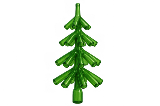 Christmas tree sculpture crafted from recycled green glass bottles, representing sustainability and eco-friendly holidays