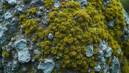 Obraz premium Close up of vibrant green moss, lichen cover grey rock surface. Natural environment shows organic patterns, forming beautiful texture. Various forms, textures grow on stone surface. Creates detailed