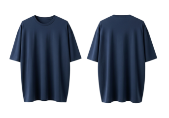 Blank dark blue oversized t-shirt mockup showing front and back views. Casual unisex fashion apparel template isolated on a clean white background for design presentation