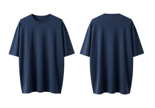 Blank dark blue oversized t-shirt mockup showing front and back views. Casual unisex fashion apparel template isolated on a clean white background for design presentation