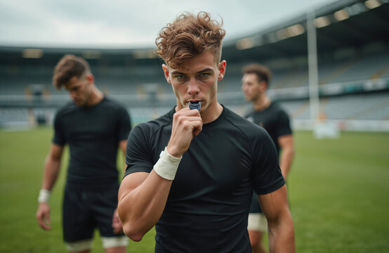 Young rugby player removes mouthguard after game on green field. Male athletes in black jerseys stand behind him on stadium turf. Focused expression, intense look, preparing for next match.