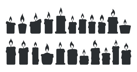 Collection of burning candle silhouettes with melting wax drips isolated on transparent background vector 120 characters