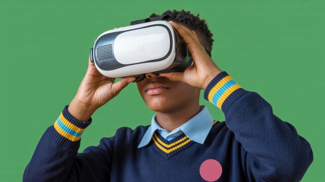 Young African American boy wearing a VR headset exploring virtual reality isolated on green background